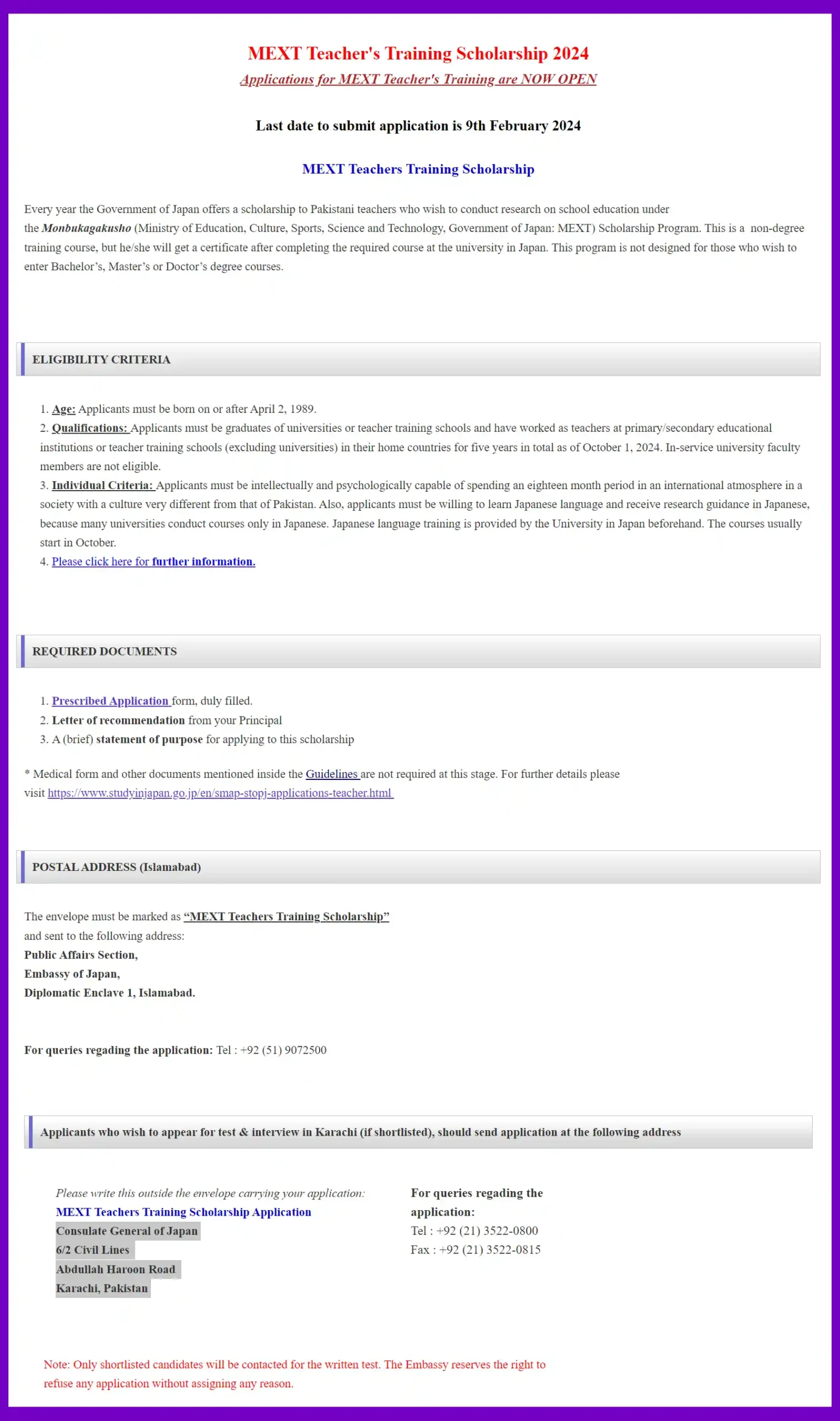 MEXT Teacher Training Scholarships 2024 by Japan Embassy