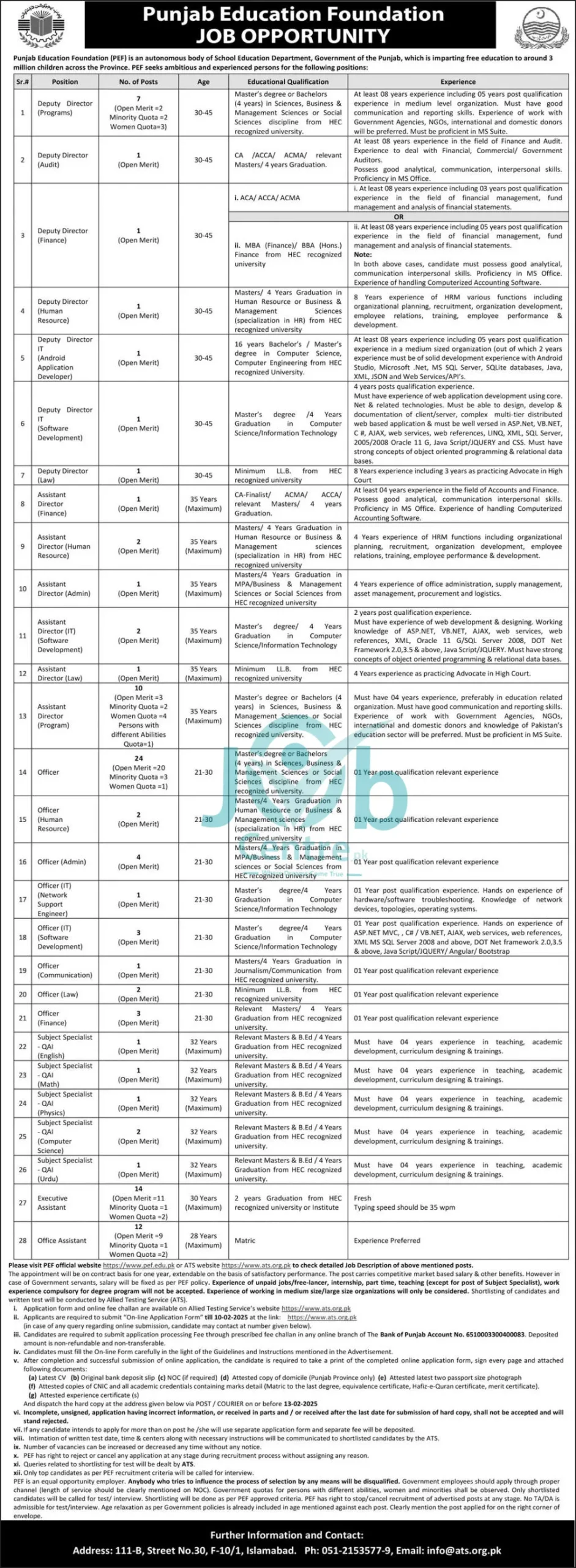 PEF Jobs 2025 Online Apply Latest Advertisement