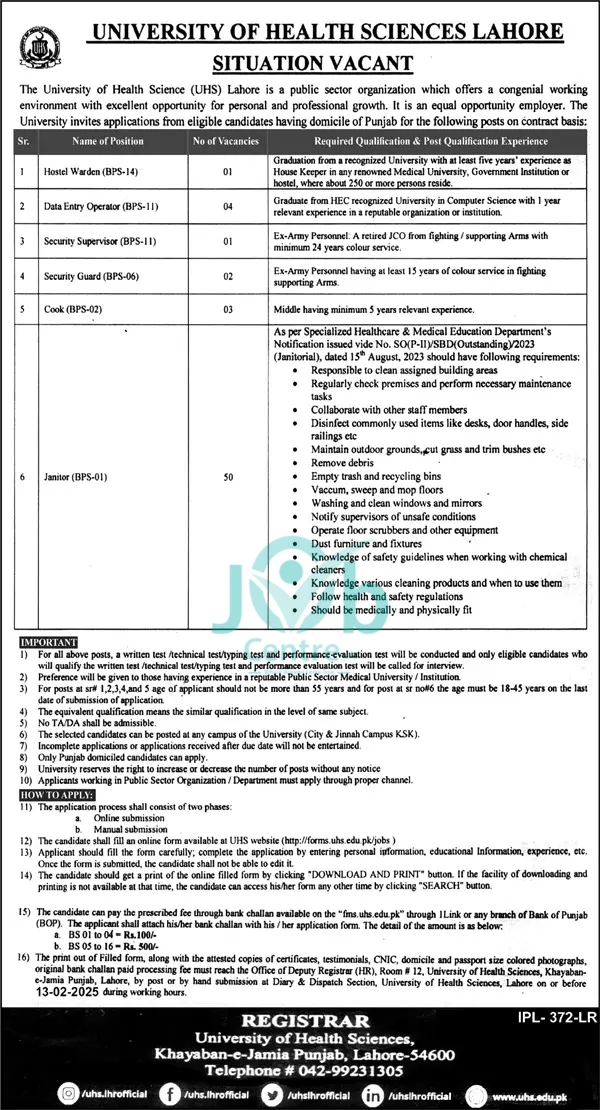 UHS Jobs 2025 Apply Online Advertisement