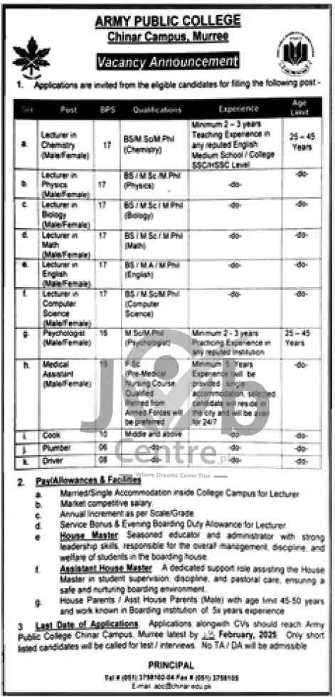 Army Public College Chinar Campus Murree Jobs 2025 Advertisement