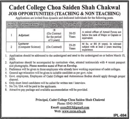 Cadet College Choa Saiden Shah Jobs 2025 Advertisement: