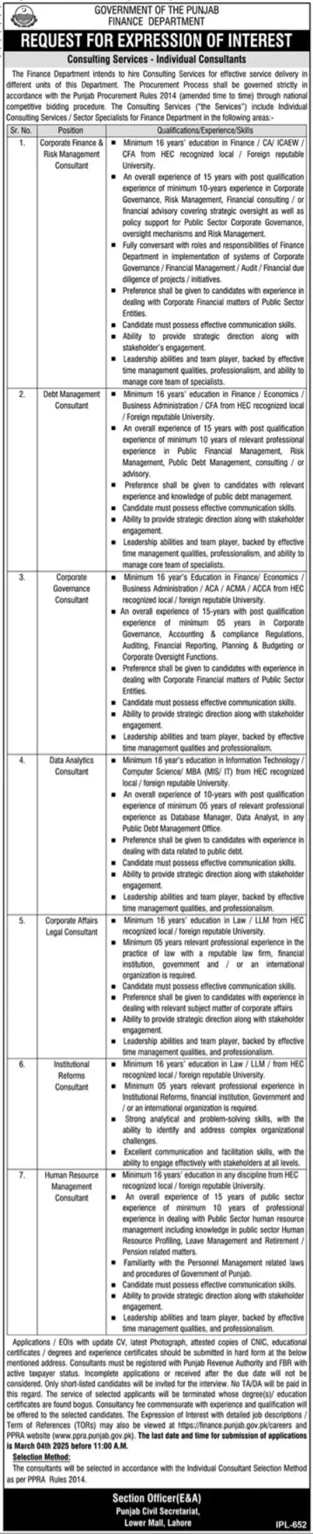 Finance Department Lahore Jobs 2025 Advertisement