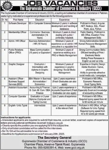 Gujranwala Chamber Of Commerce & Industry Jobs 2025 Advertisement