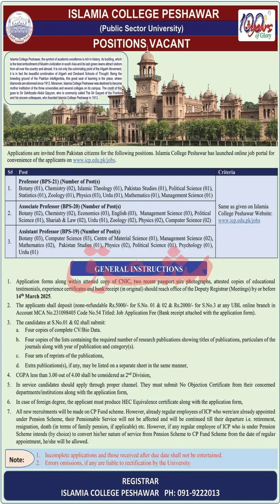 Islamia College Peshawar Jobs 2025 Advertisement: