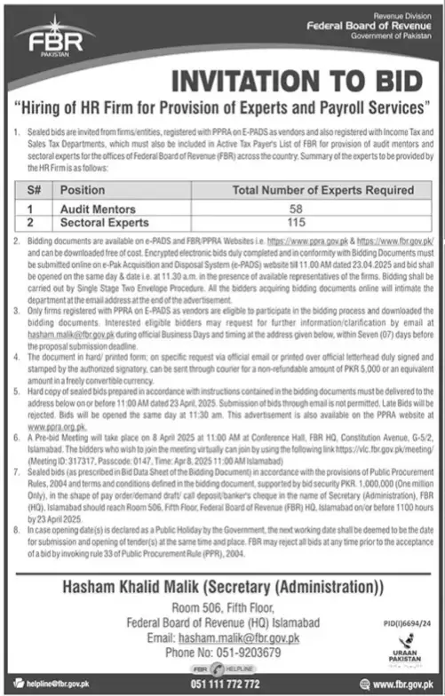 Latest FBR Upcoming Jobs 2025 Apply Online Advertisement