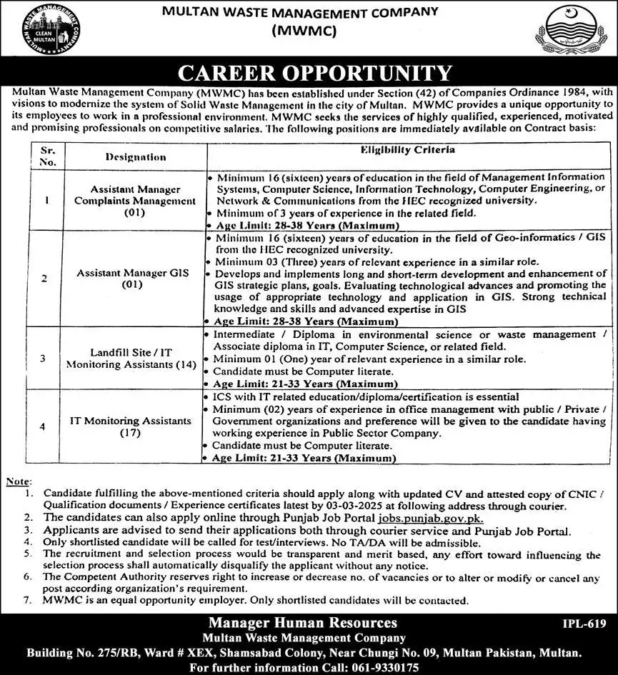 Multan Waste Management Company MWMC Jobs 2025 Advertisement
