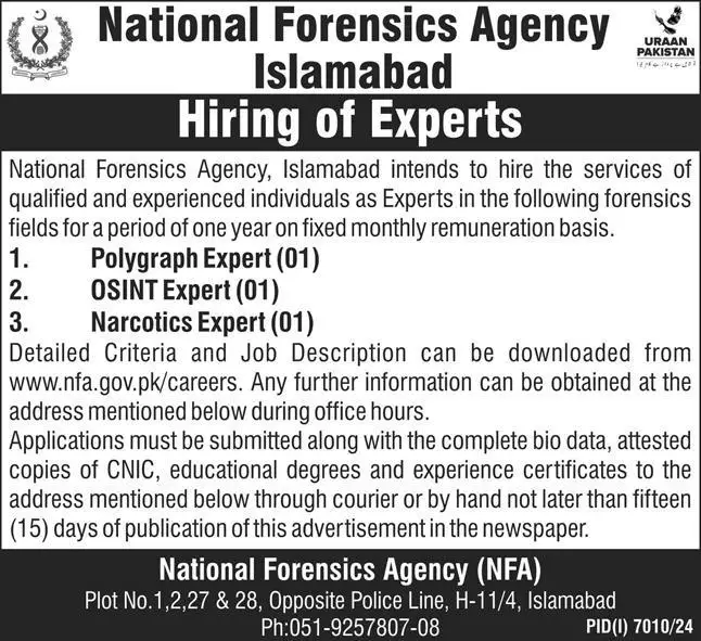 National Forensics Agency NFA Jobs 2025 Latest Advertisement
