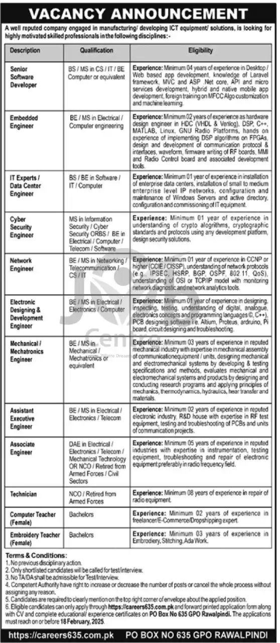 PO Box 635 GPO Rawalpindi Jobs 2025