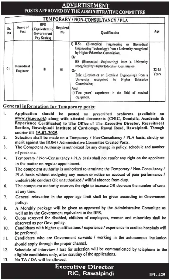 Rawalpindi Institute of Cardiology RIC Jobs 2025 Apply Online Advertisement