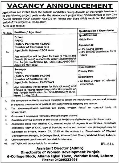 Women Development Department Jobs 2025 Advertisement