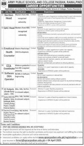 Army Public School Rawalpindi Jobs 2025 Advertisement