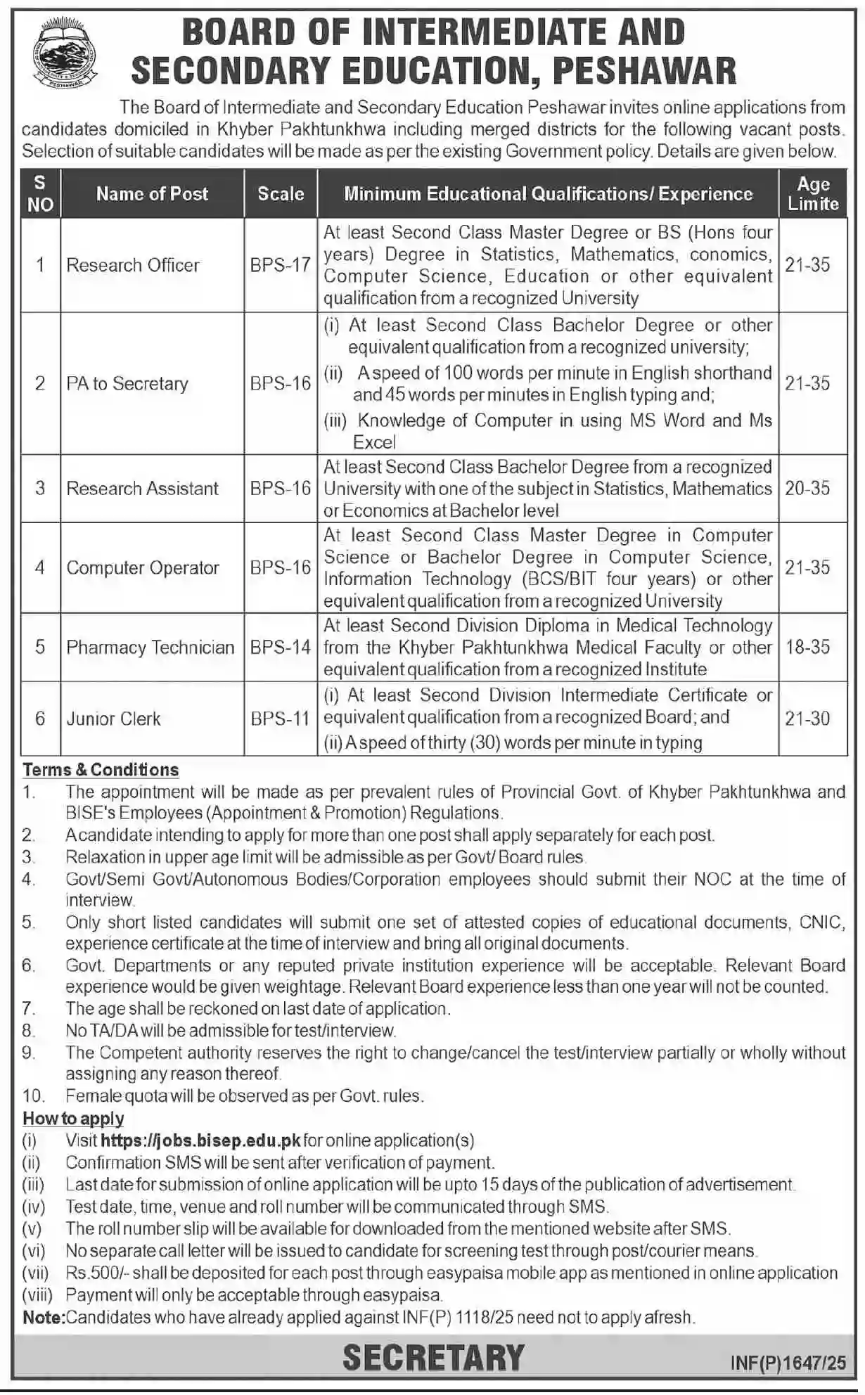 BISE Rawalpindi Jobs 2025 Advertisement