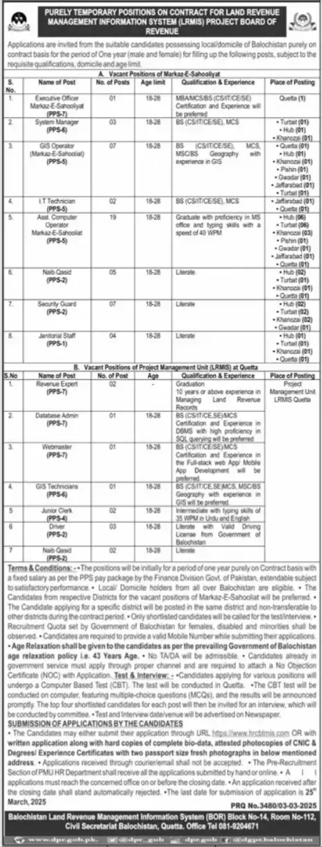 Board Of Revenue LRIMS Quetta Jobs 2025 Advertisement