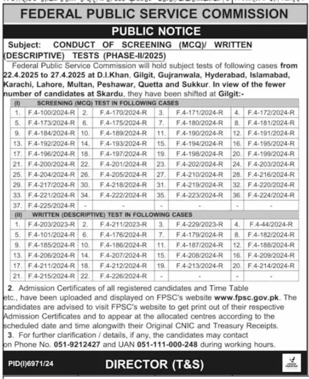 FPSC Jobs Consolidated Advertisement No. 012025 Advertisement