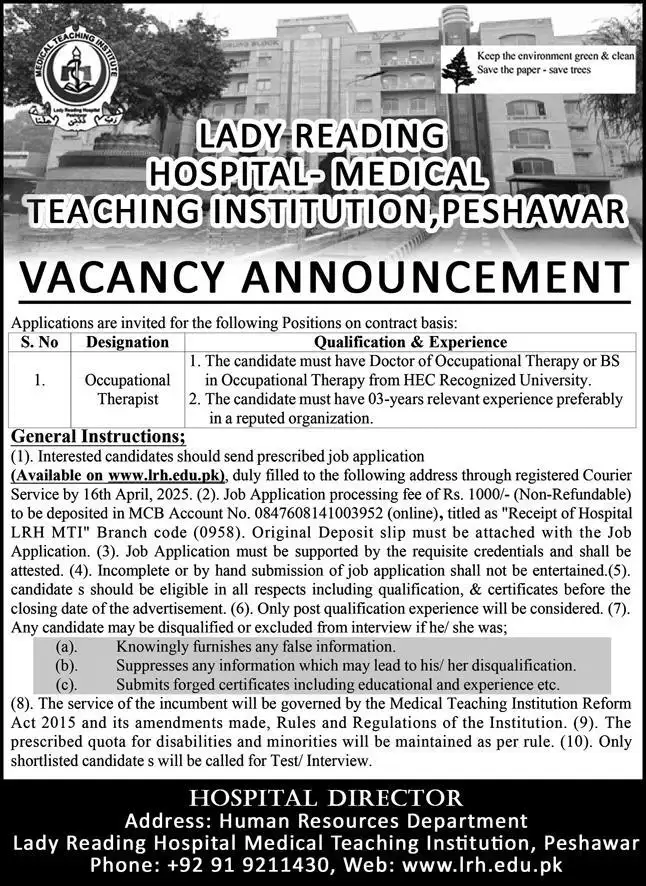 Lady Reading Hospital LRH Jobs 2025 Advertisement