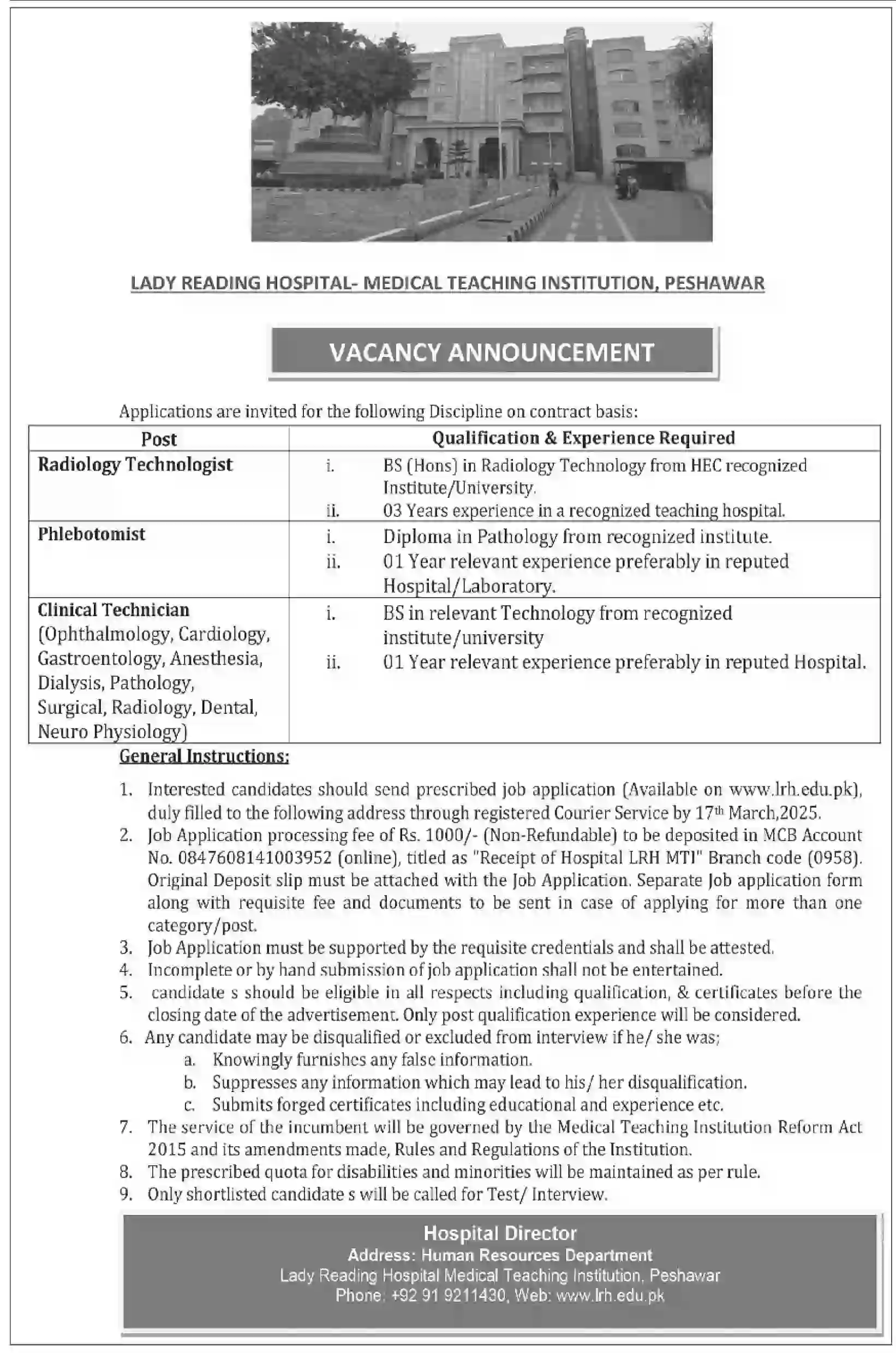 Lady Reading Hospital LRH Peshawar Jobs 2025 Advertisement