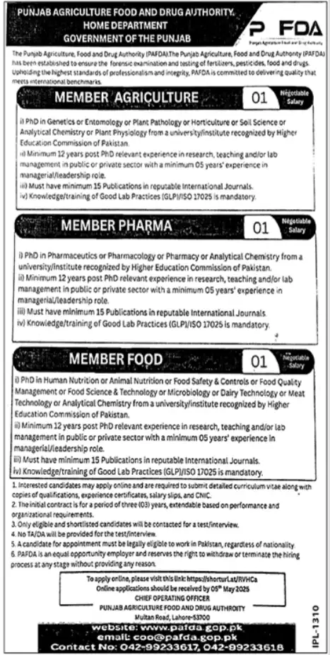 Punjab Agriculture Food and Drug Authority Jobs 2025 Advertisement:
