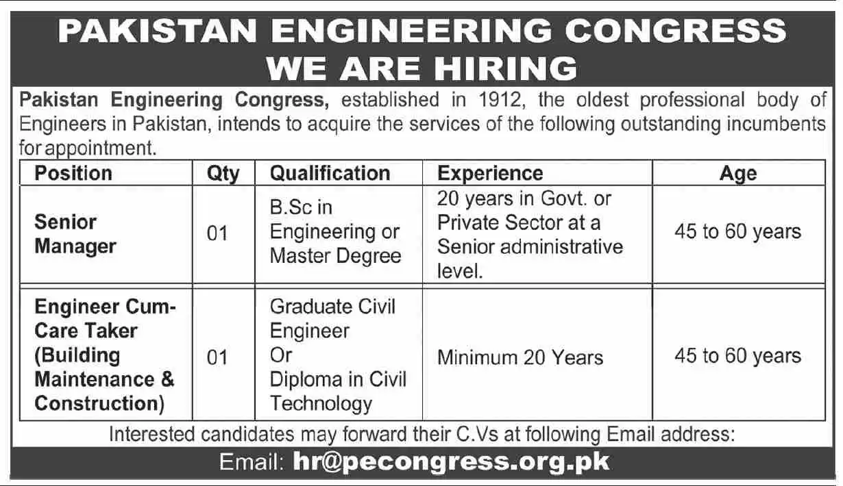 Pakistan Engineering Congress PEC Lahore Jobs 2025 Advertisement