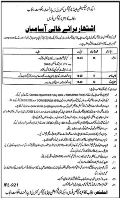 Punjab Counter Narcotics Force Jobs 2025 Advertisement