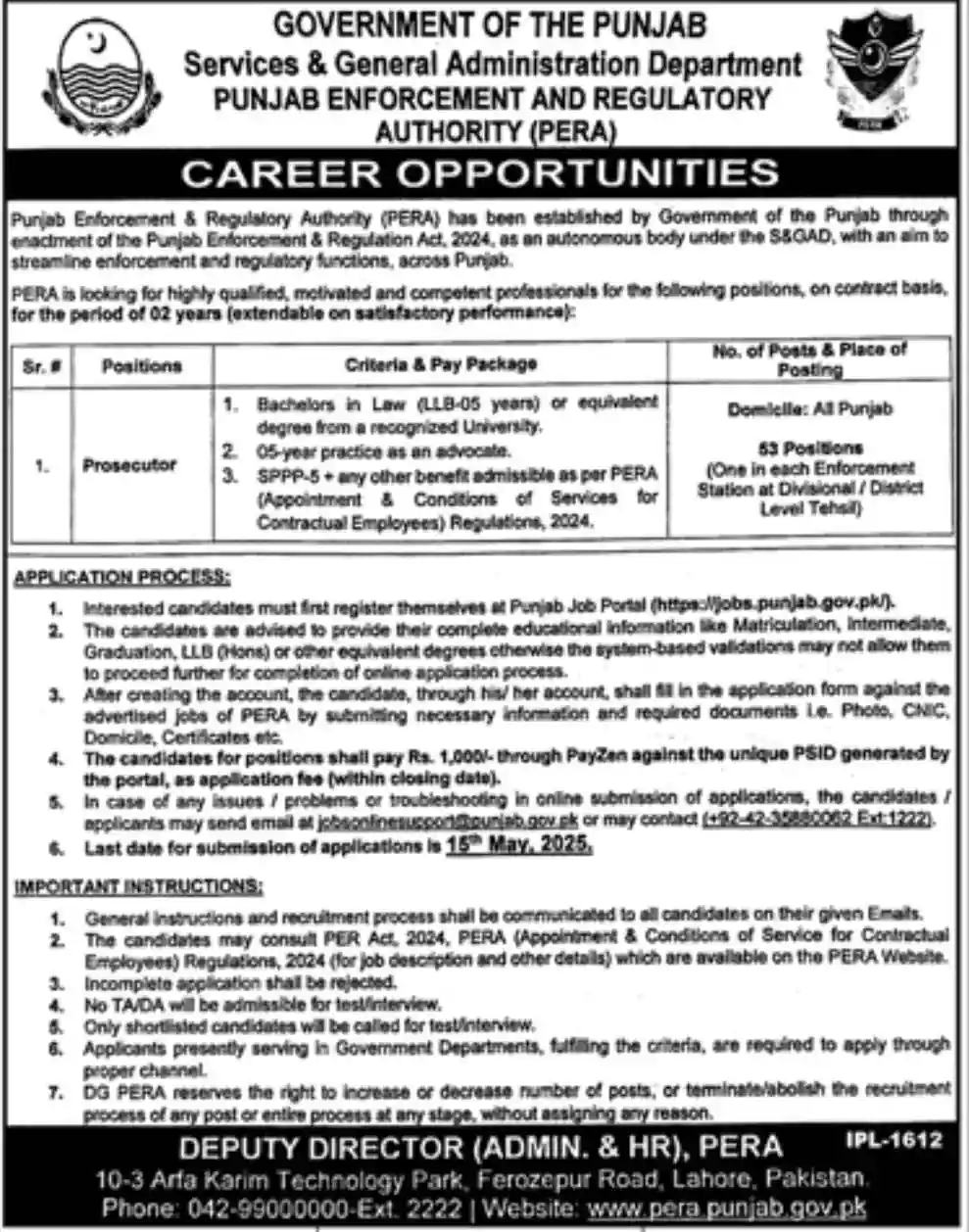 Punjab Enforcement And Regulatory Authority PERA Jobs 2025 Advertisement