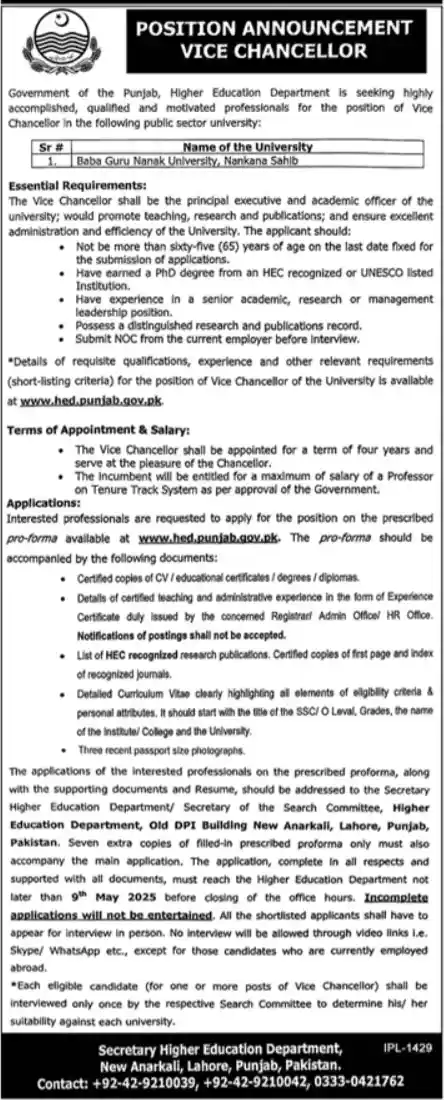 Punjab Higher Education Department Jobs 2025 Advertisement