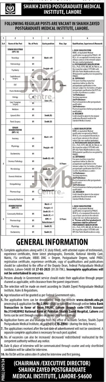 Shaikh Zayed Medical Institute Lahore Jobs 2025 Advertisement