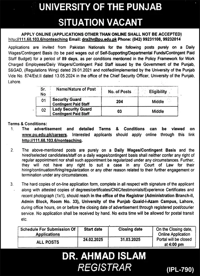 UOP Lahore Jobs 2025 Advertisement: