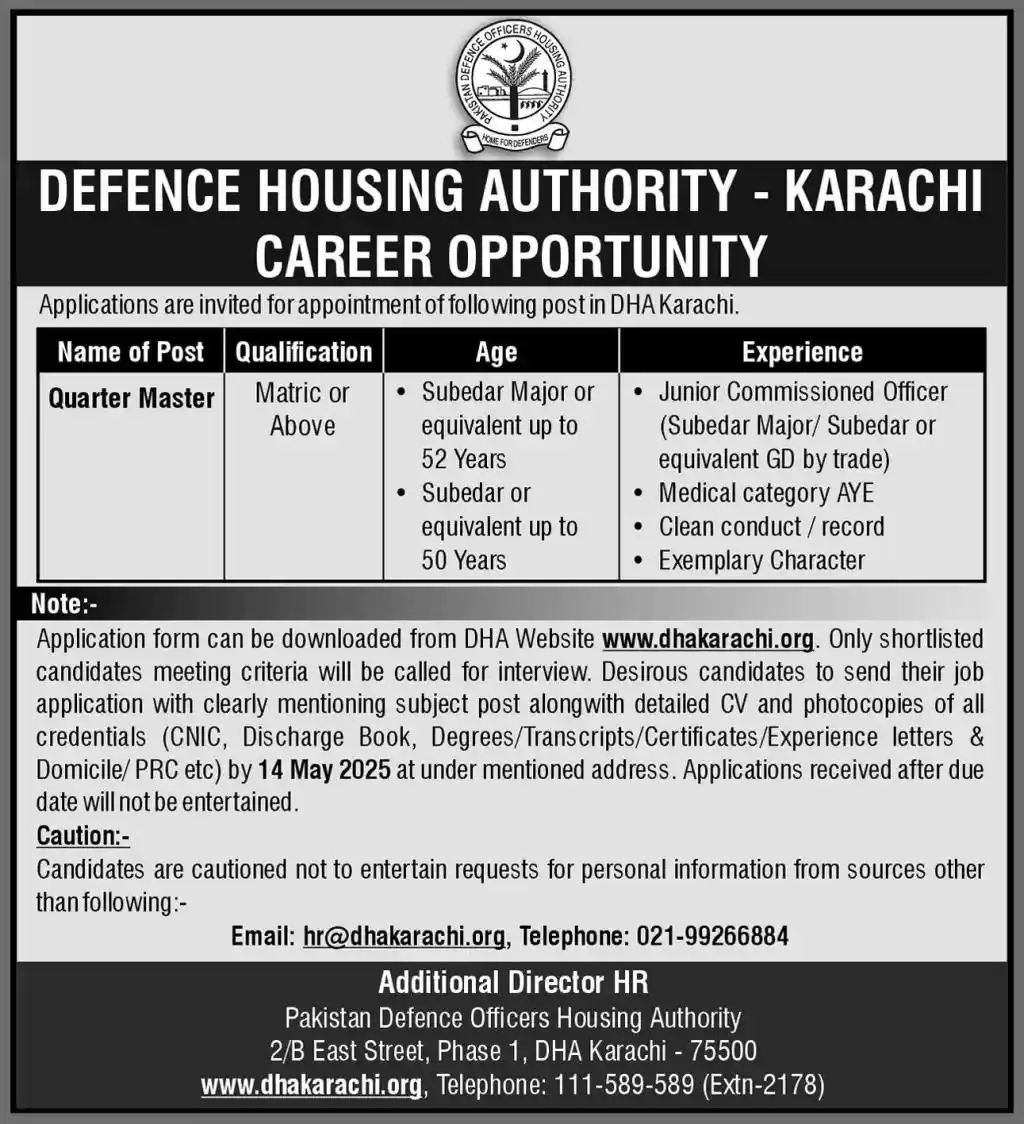 Defence Housing Authority DHA Karachi Jobs 2025 Advertisement