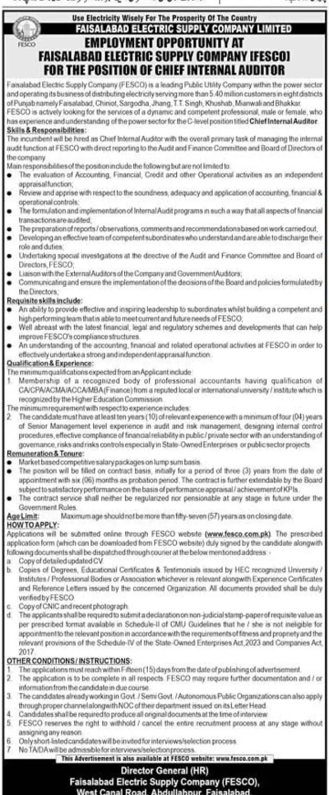 Faisalabad Electric Supply Company Jobs 2025 Advertisement: