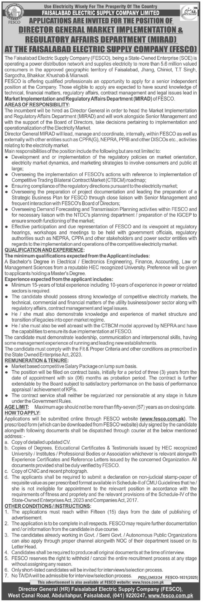 Faisalabad Electric Supply Company Jobs 2025 Advertisement