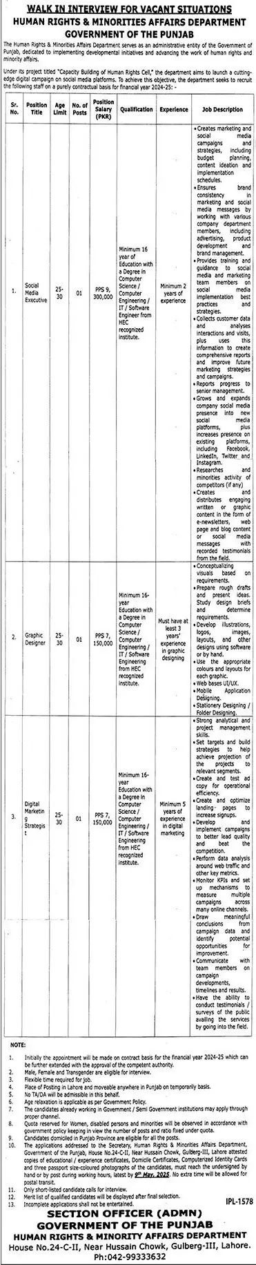 Human Rights & Minorities Affairs Department Jobs 2025 Advertisement