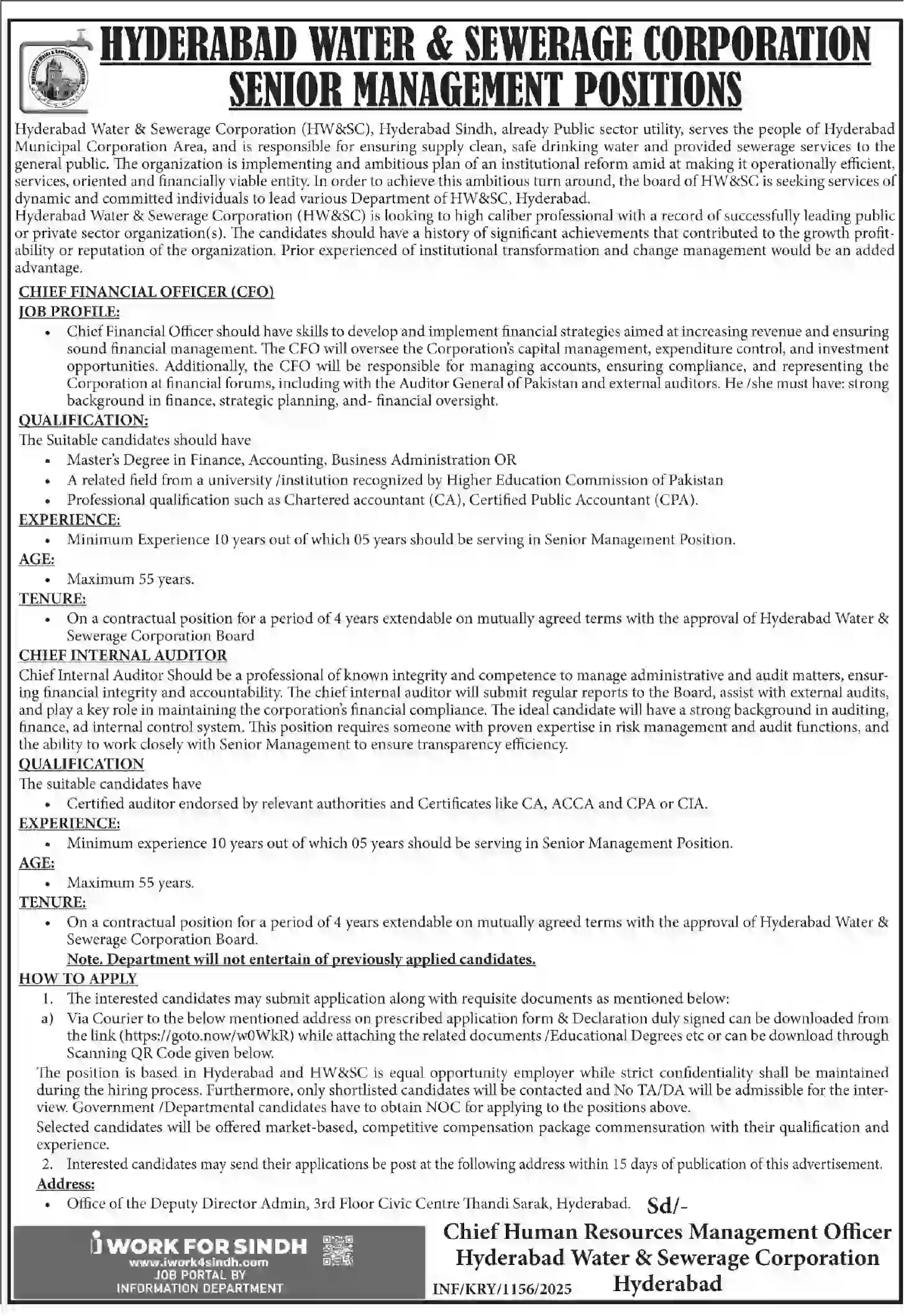 Hyderabad Water and Sewerage Corporation Jobs 2025 Advertisement