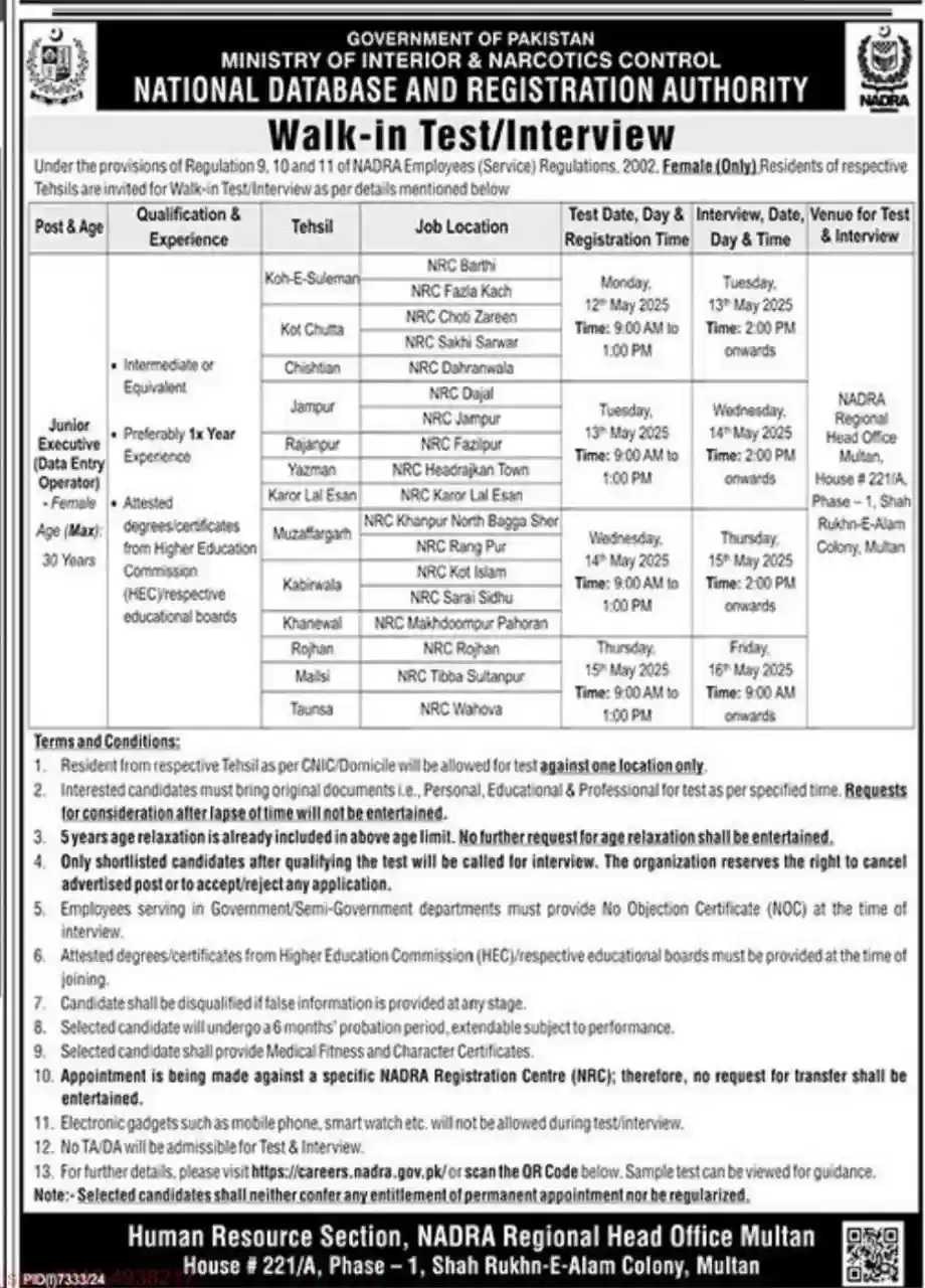 NADRA Jobs in Lahore 2025 Walk in Interview Advertisement: