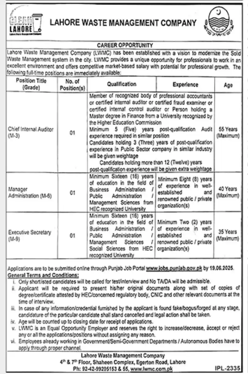 Lahore Waste Management Company LWMC Jobs 2025 Advertisement