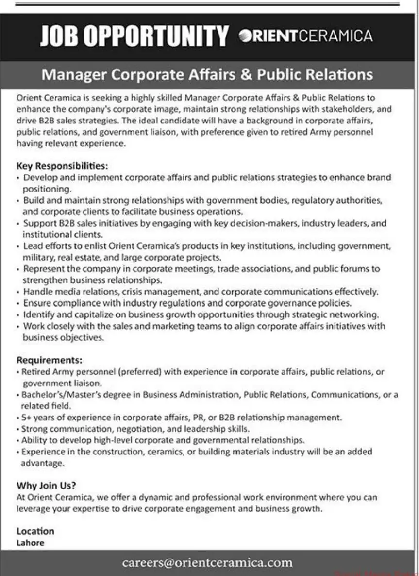 Manager Corporate Affairs Public Relations Jobs 2025 Advertisement