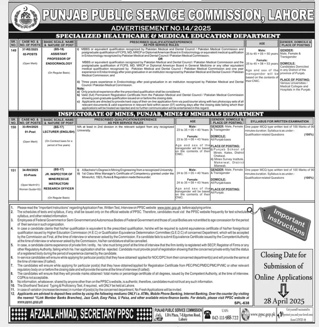 PPSC Jobs Advertisement No 142025 Advertisement