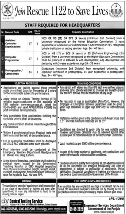 Punjab Emergency Service Rescue 1122 Jobs 2025 Advertisement