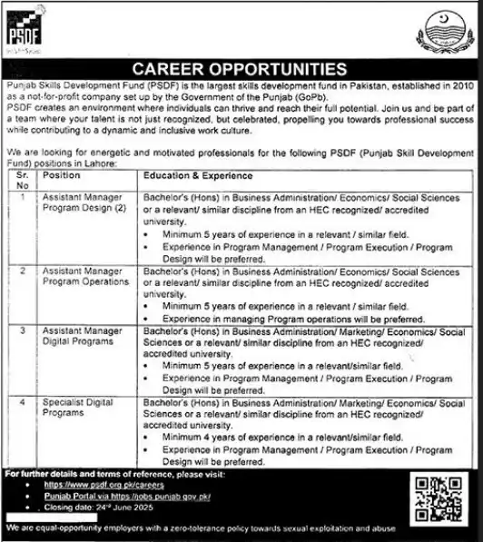 Punjab Skill Development Fund PSDF Jobs 2025 Advertisement