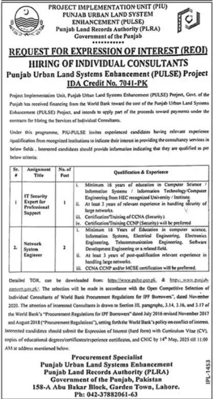 Punjab Urban Land Systems Enhancement Jobs 2025 Advertisement