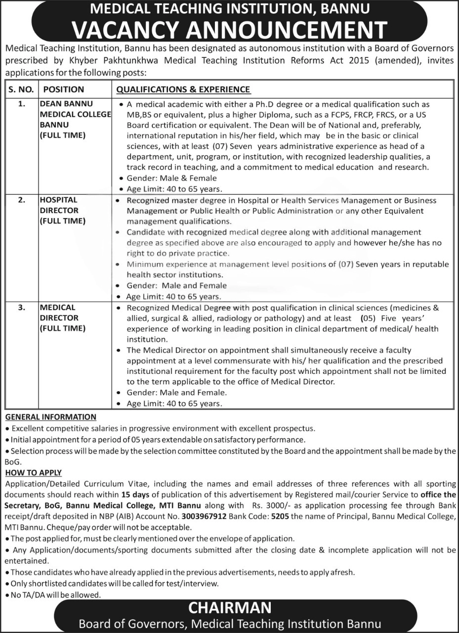 Lastest MTI Bannu Jobs 2025 Advertisement