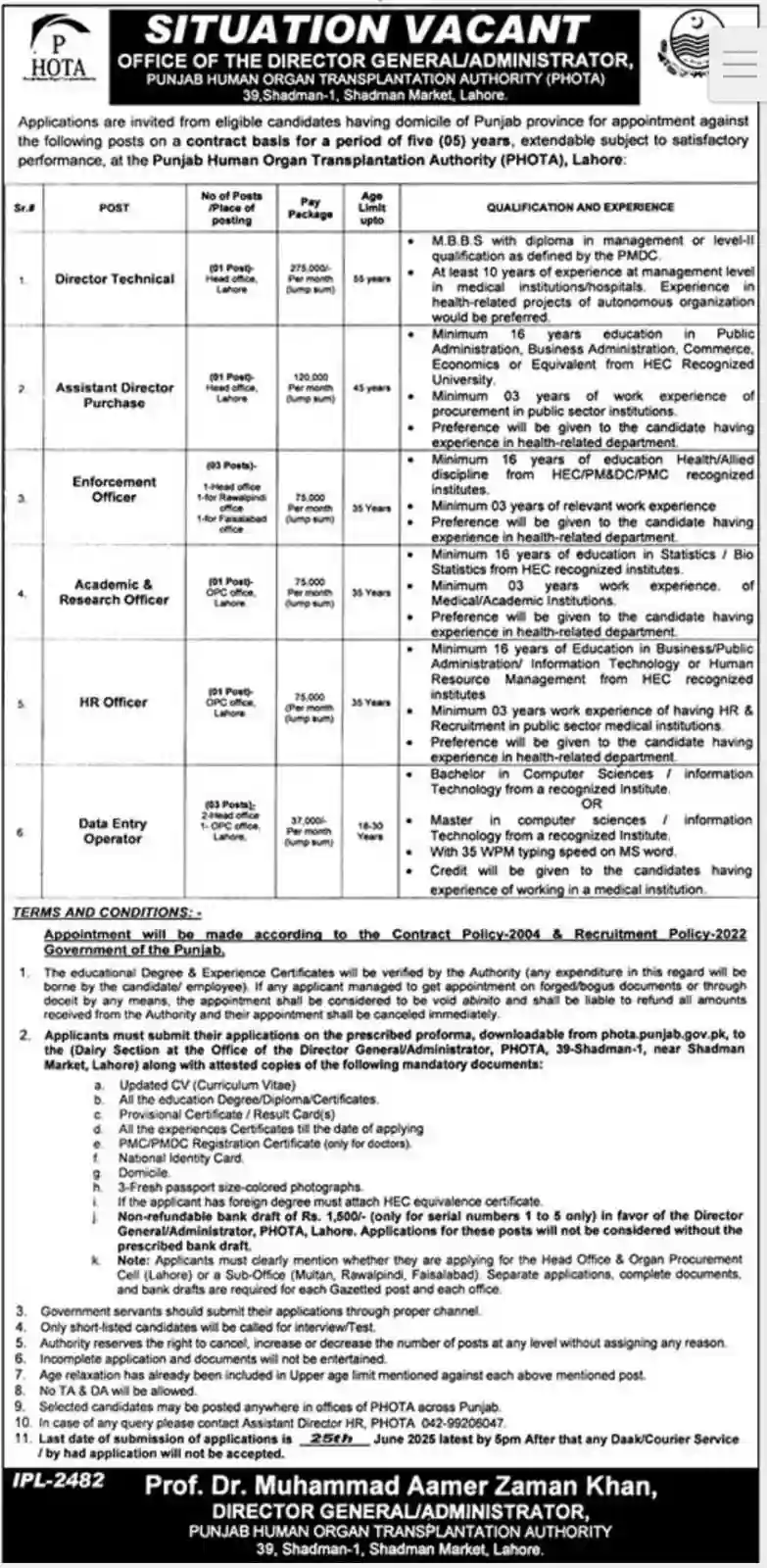PHOTA Jobs 2025 Latest Advertisement