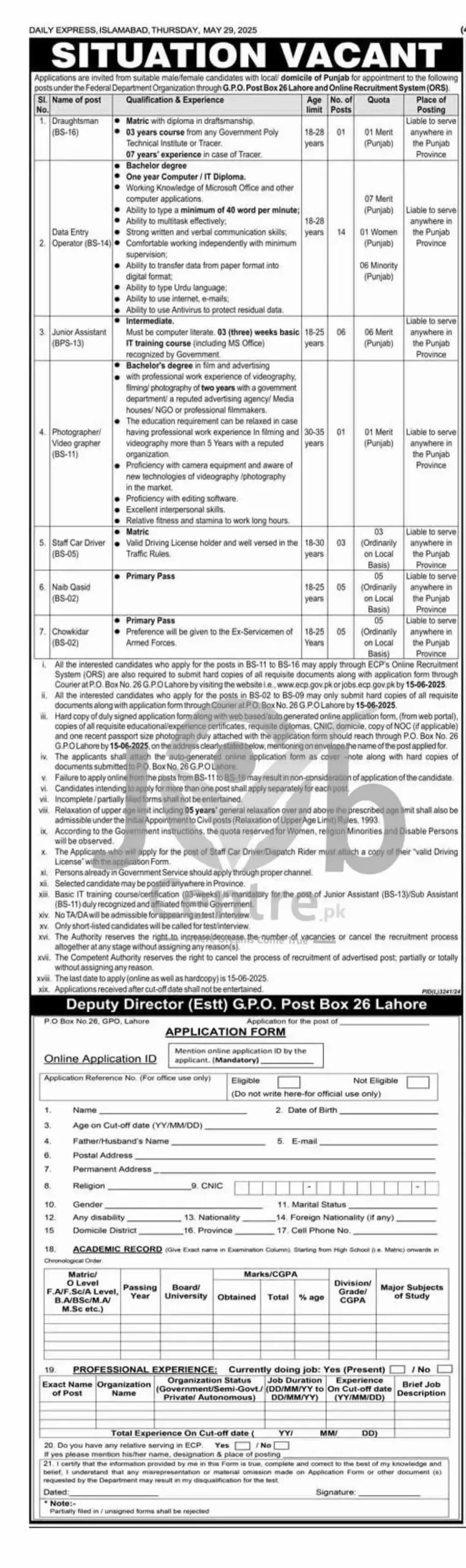 PO Box 26 Lahore Federal Department Jobs 2025 Advertisement