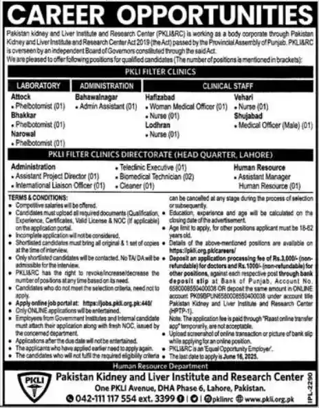 Pakistan Kidney And Liver Institute PKLI Jobs 2025 Advertisement