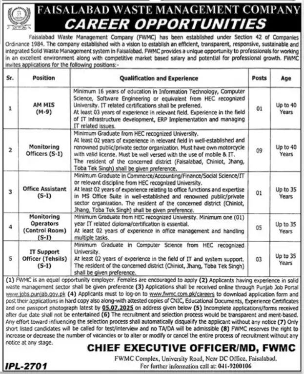 Faisalabad Waste Management Company FWMC Jobs 2025 Advertisement