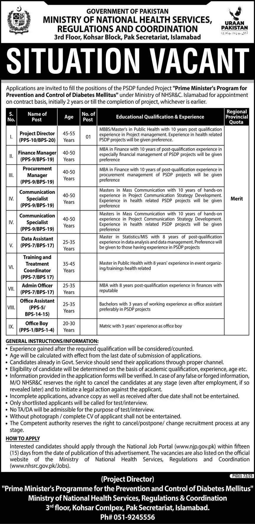 Ministry of National Health Services Jobs 2025 Advertisement