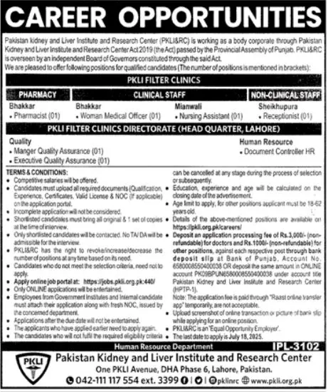 Pakistan Kidney And Liver Institute PKLI Jobs 2025 Advertisement