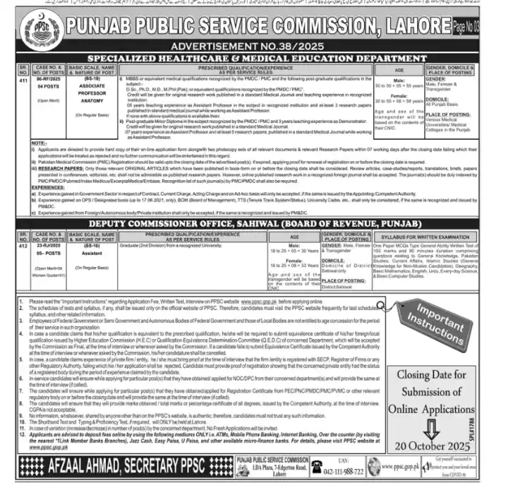 PPSC Advertisement No 38 Jobs 2025: